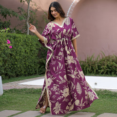 Maroon Floral Print Cotton Kaftan Lounge Wear