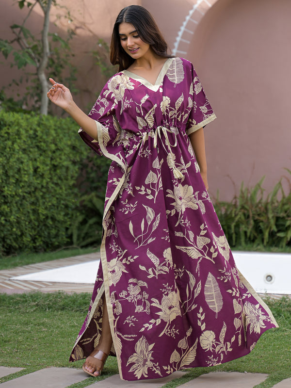 Maroon Floral Print Cotton Kaftan Lounge Wear