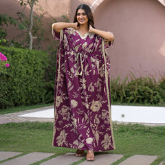 Maroon Floral Print Cotton Kaftan Lounge Wear