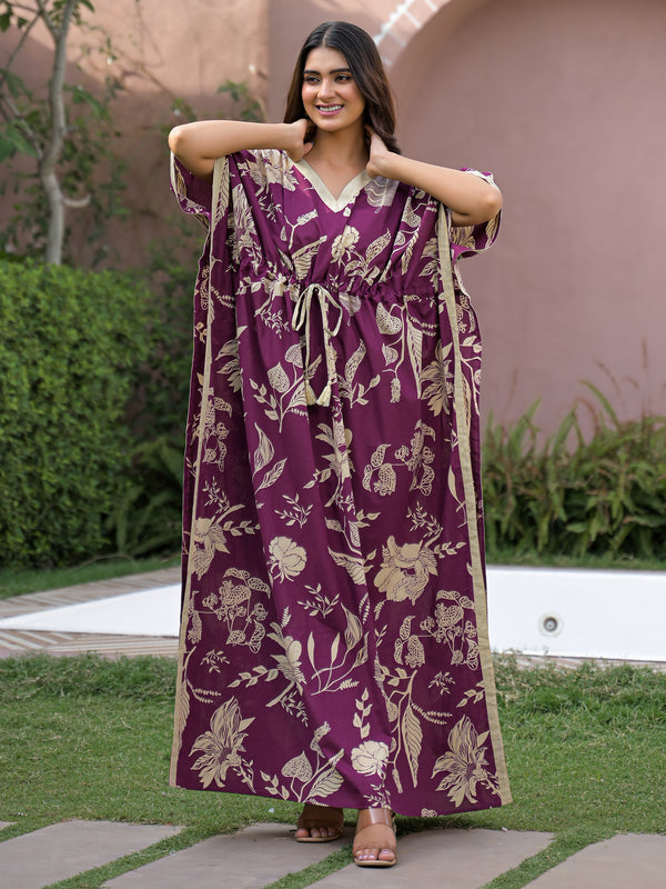 Maroon Floral Print Cotton Kaftan Lounge Wear