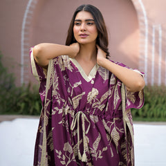 Maroon Floral Print Cotton Kaftan Lounge Wear