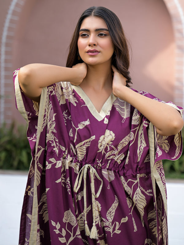 Maroon Floral Print Cotton Kaftan Lounge Wear