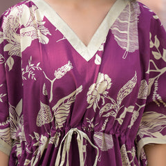 Maroon Floral Print Cotton Kaftan Lounge Wear
