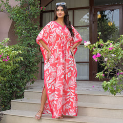 Pink Leaf Print Cotton Kaftan Lounge Wear