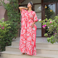 Pink Leaf Print Cotton Kaftan Lounge Wear