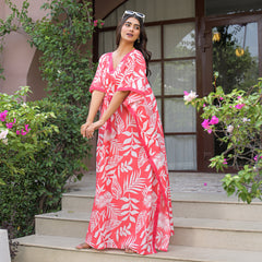 Pink Leaf Print Cotton Kaftan Lounge Wear