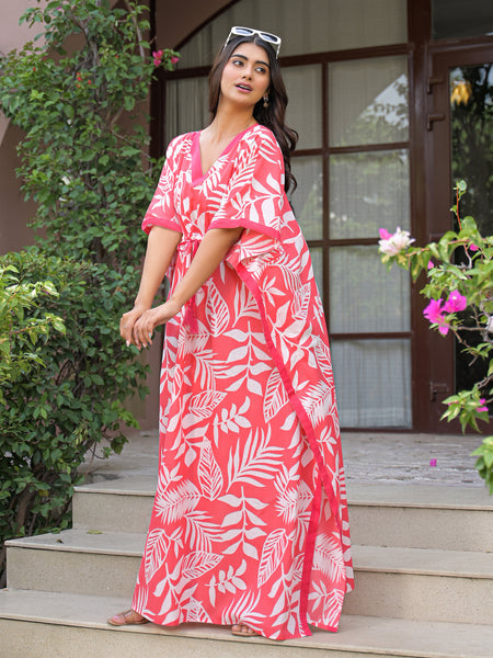 Pink Leaf Print Cotton Kaftan Lounge Wear