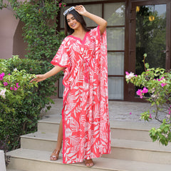 Pink Leaf Print Cotton Kaftan Lounge Wear