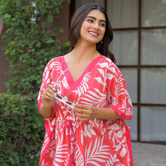Pink Leaf Print Cotton Kaftan Lounge Wear