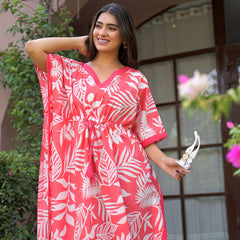 Pink Leaf Print Cotton Kaftan Lounge Wear