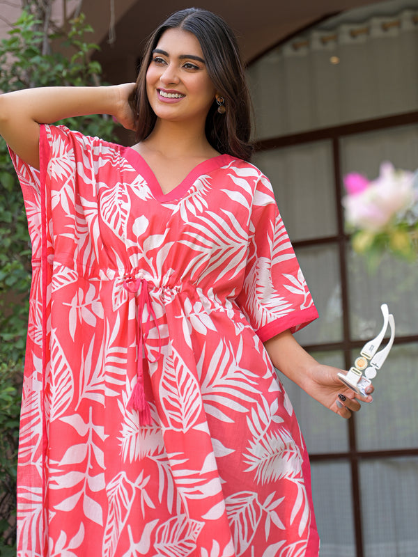 Pink Leaf Print Cotton Kaftan Lounge Wear