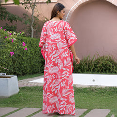 Pink Leaf Print Cotton Kaftan Lounge Wear