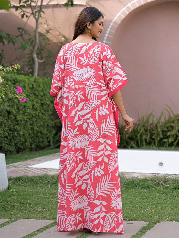 Pink Leaf Print Cotton Kaftan Lounge Wear