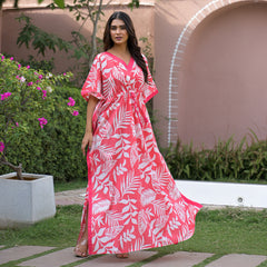 Pink Leaf Print Cotton Kaftan Lounge Wear