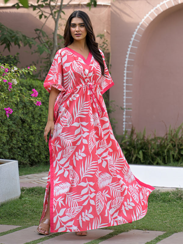 Pink Leaf Print Cotton Kaftan Lounge Wear