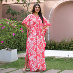 Pink Leaf Print Cotton Kaftan Lounge Wear