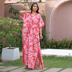 Pink Leaf Print Cotton Kaftan Lounge Wear