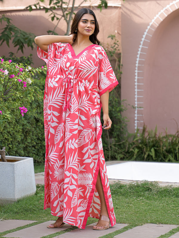Pink Leaf Print Cotton Kaftan Lounge Wear