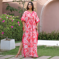 Pink Leaf Print Cotton Kaftan Lounge Wear