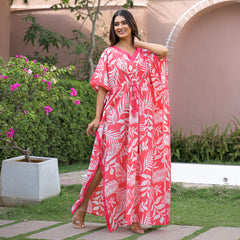 Pink Leaf Print Cotton Kaftan Lounge Wear