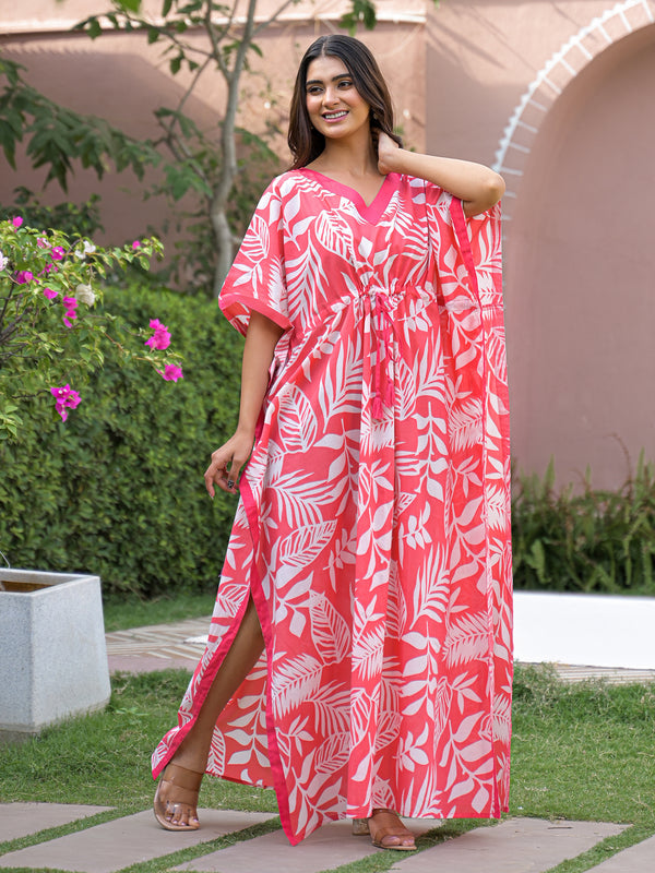 Pink Leaf Print Cotton Kaftan Lounge Wear