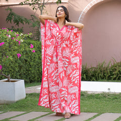 Pink Leaf Print Cotton Kaftan Lounge Wear