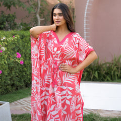 Pink Leaf Print Cotton Kaftan Lounge Wear