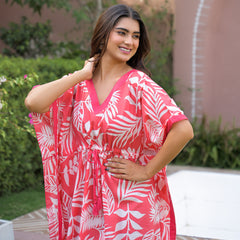 Pink Leaf Print Cotton Kaftan Lounge Wear
