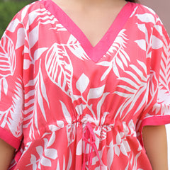 Pink Leaf Print Cotton Kaftan Lounge Wear