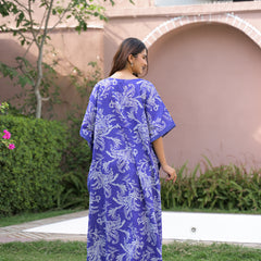Blue Printed Cotton Kaftan Lounge Wear for Woman