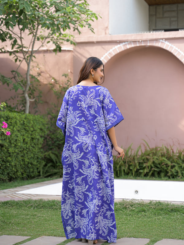 Blue Printed Cotton Kaftan Lounge Wear for Woman