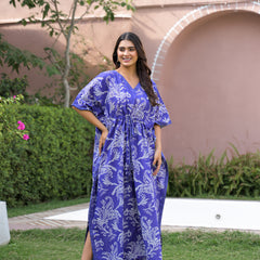 Blue Printed Cotton Kaftan Lounge Wear for Woman