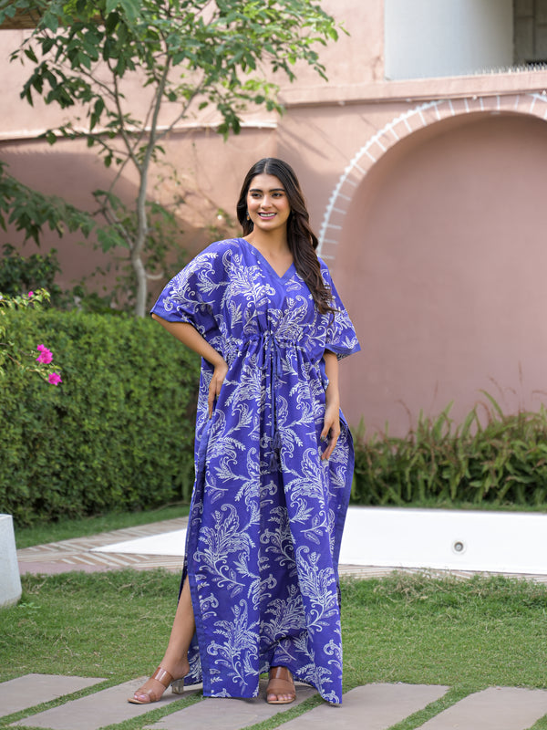 Blue Printed Cotton Kaftan Lounge Wear for Woman
