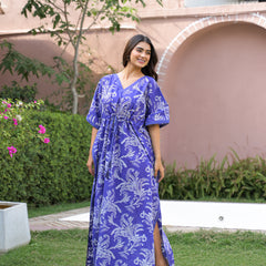 Blue Printed Cotton Kaftan Lounge Wear for Woman