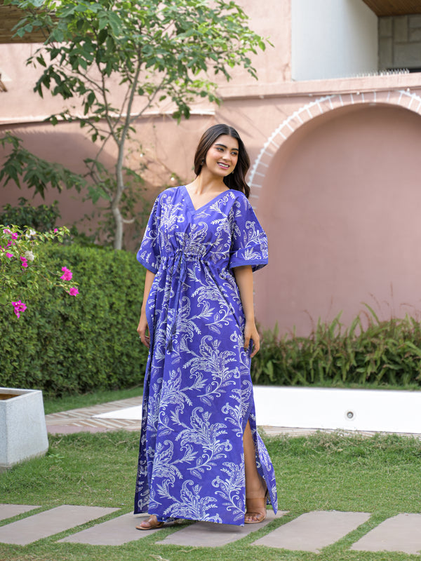 Blue Printed Cotton Kaftan Lounge Wear for Woman