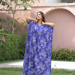 Blue Printed Cotton Kaftan Lounge Wear for Woman