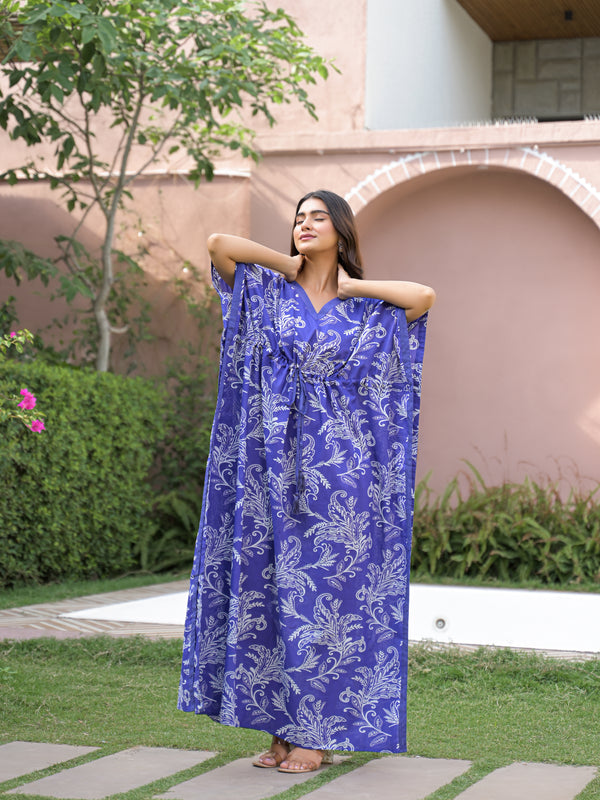 Blue Printed Cotton Kaftan Lounge Wear for Woman