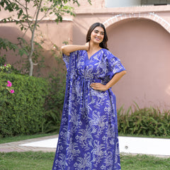 Blue Printed Cotton Kaftan Lounge Wear for Woman