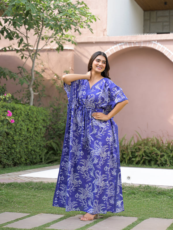 Blue Printed Cotton Kaftan Lounge Wear for Woman