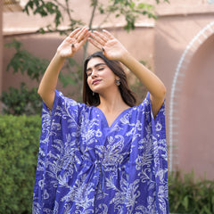 Blue Printed Cotton Kaftan Lounge Wear for Woman