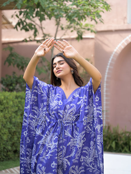 Blue Printed Cotton Kaftan Lounge Wear for Woman