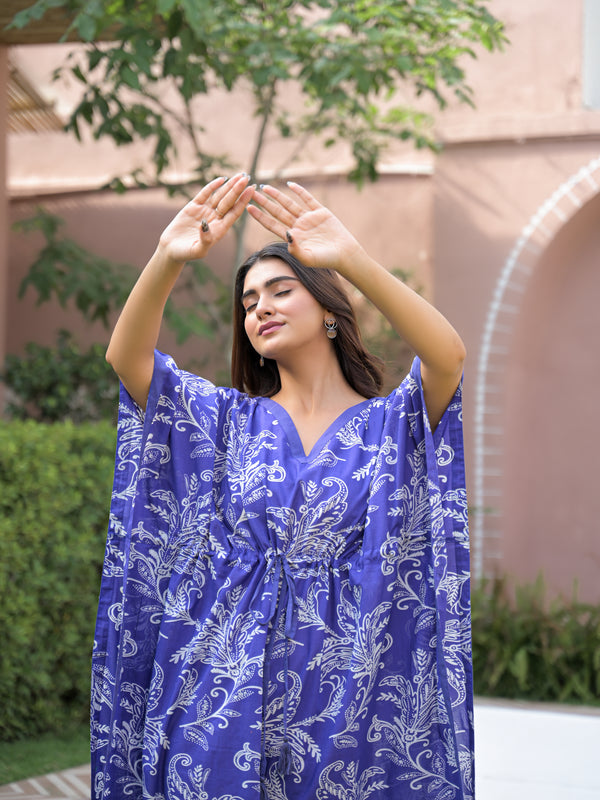 Blue Printed Cotton Kaftan Lounge Wear for Woman