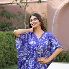 Blue Printed Cotton Kaftan Lounge Wear for Woman