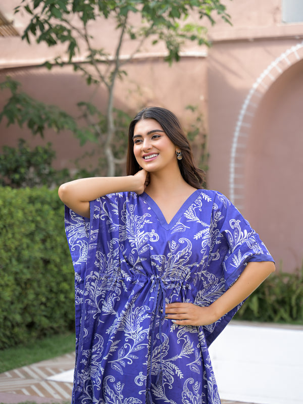 Blue Printed Cotton Kaftan Lounge Wear for Woman