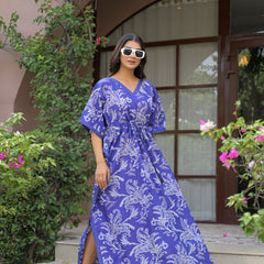 Blue Printed Cotton Kaftan Lounge Wear for Woman