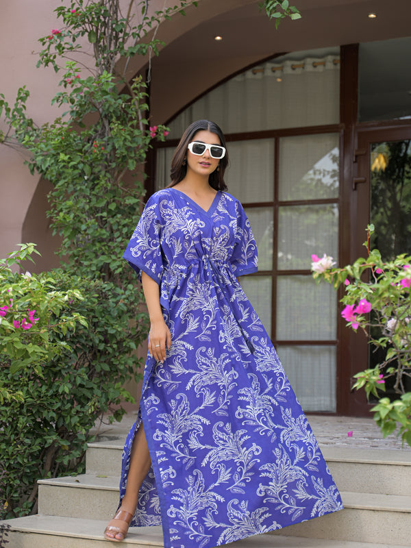 Blue Printed Cotton Kaftan Lounge Wear for Woman