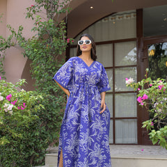 Blue Printed Cotton Kaftan Lounge Wear for Woman
