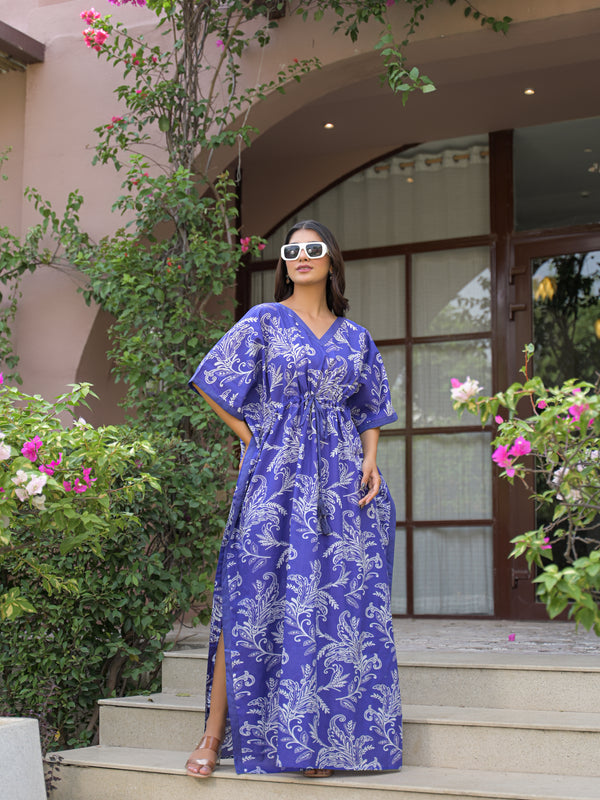 Blue Printed Cotton Kaftan Lounge Wear for Woman