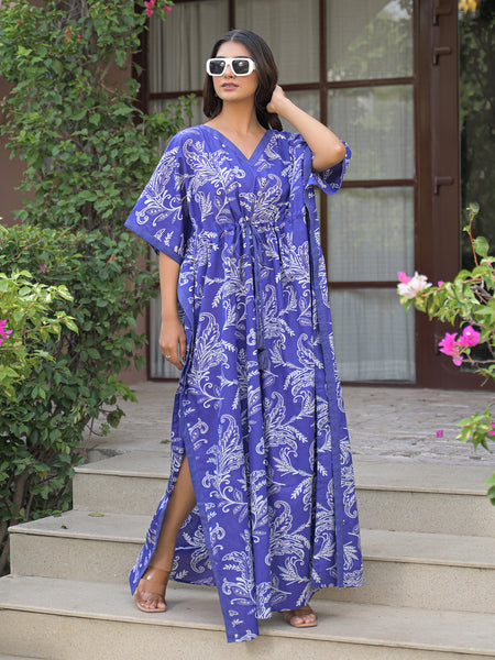 Blue Printed Cotton Kaftan Lounge Wear for Woman