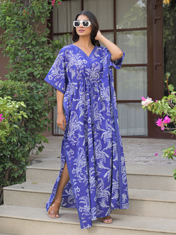 Blue Printed Cotton Kaftan Lounge Wear for Woman